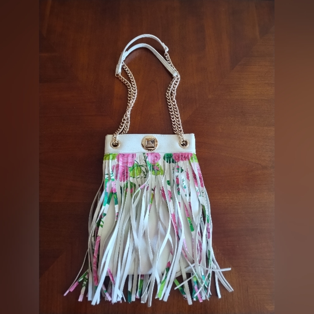 Betsey Johnson White Floral Fringe Purse